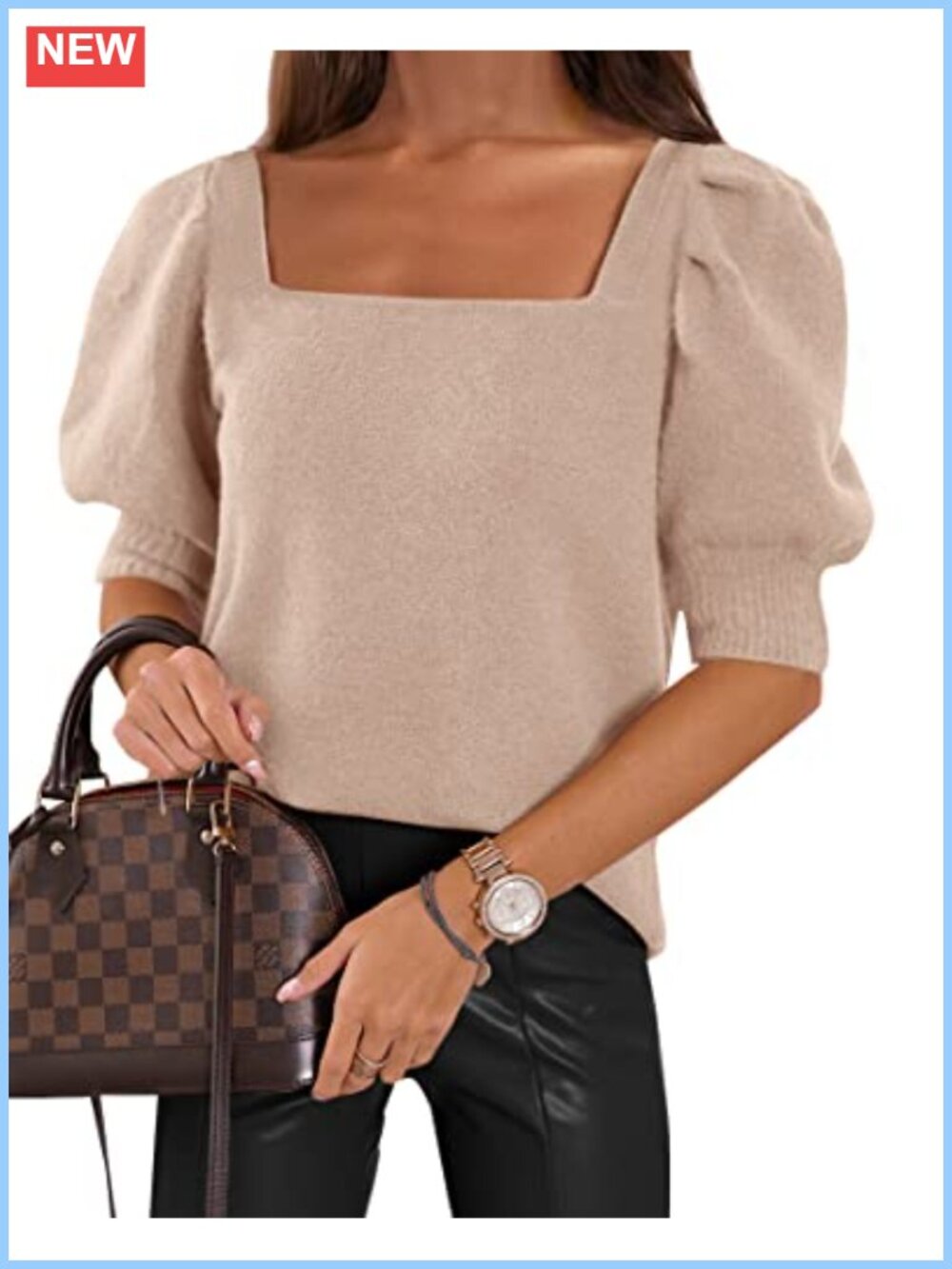 Women's Puff Sleeve Square Neck Knit Pullover Lightweight Summer Sweater Top